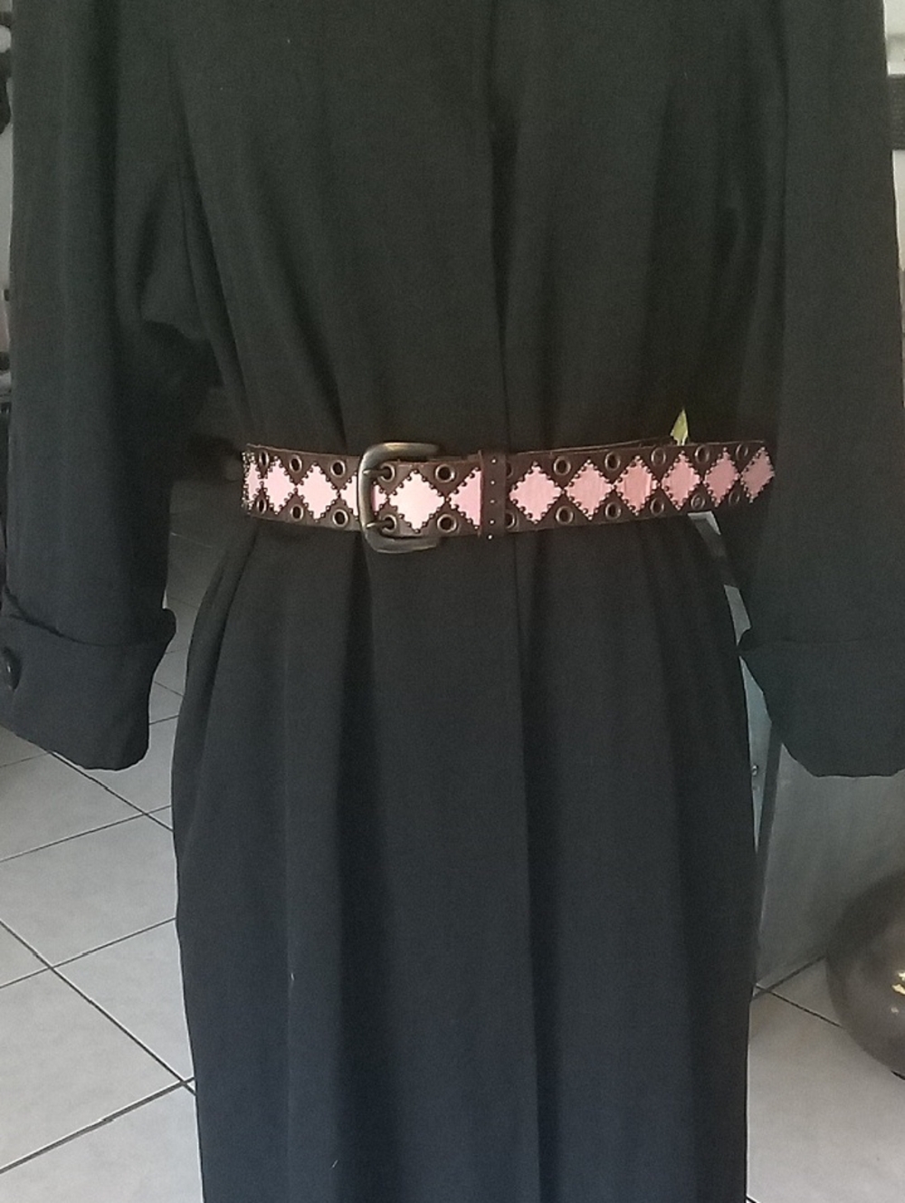 Women's Brown Leather Belt with Pink Diamond Inlays